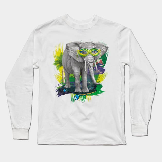 Elephant on skateboard with party glasses on the beach Long Sleeve T-Shirt by BigWildKiwi